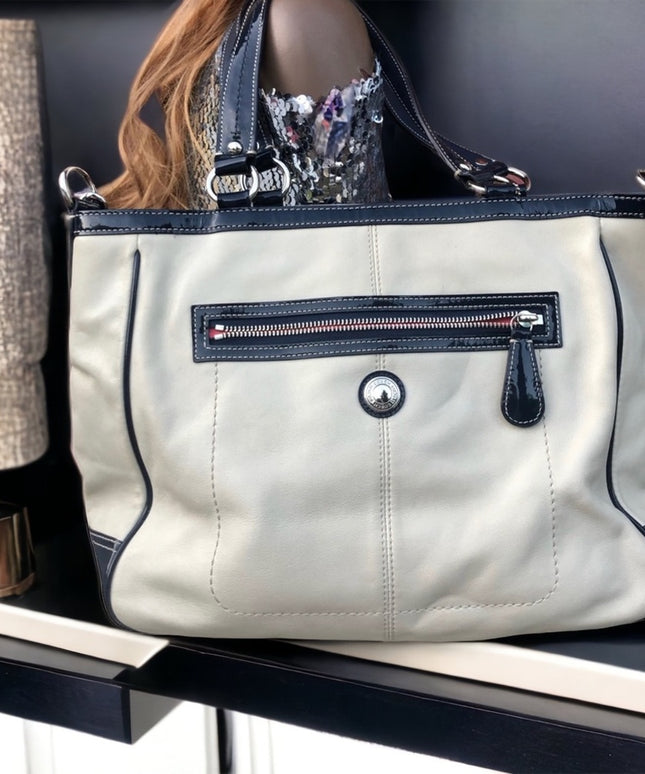 - F15887 Coach Cream navy blue Tote Laura VG! large bag purse