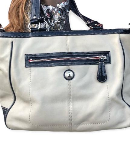 - F15887 Coach Cream navy blue Tote Laura VG! large bag purse