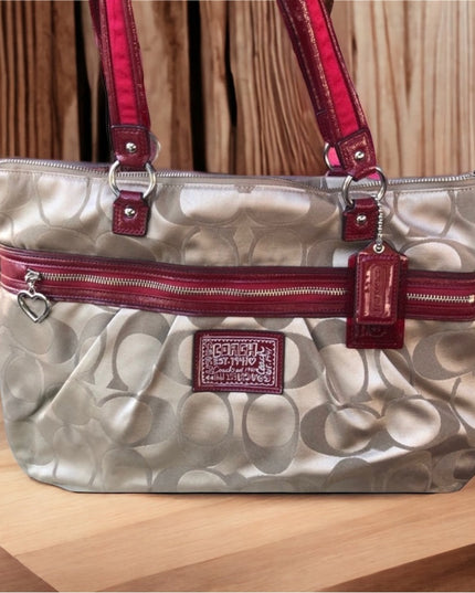 F20026 Coach Large shoulder bag Canvas mongram shoulder bag purse red
