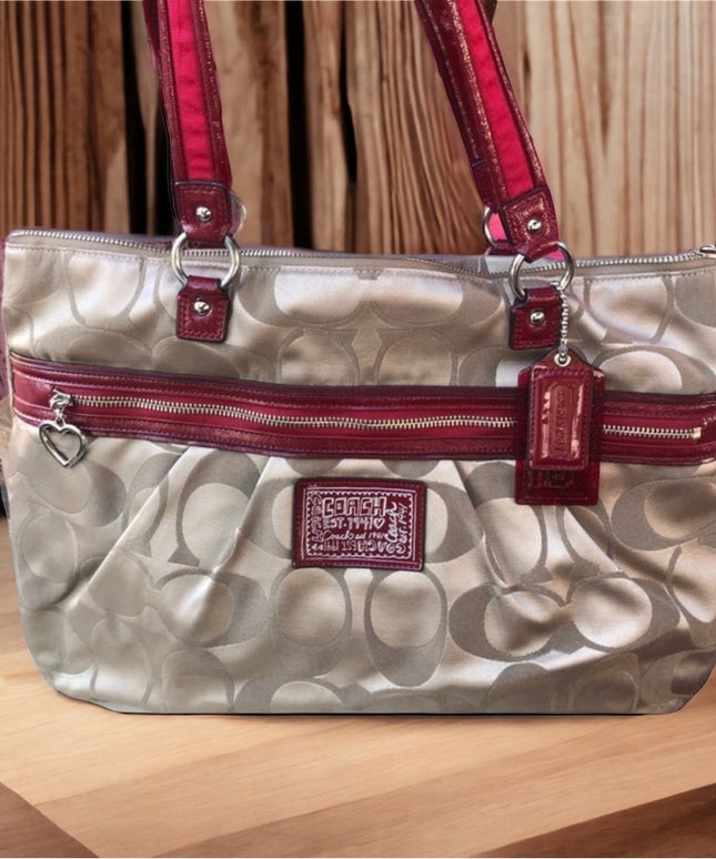 F20026 Coach Large shoulder bag Canvas mongram shoulder bag purse red