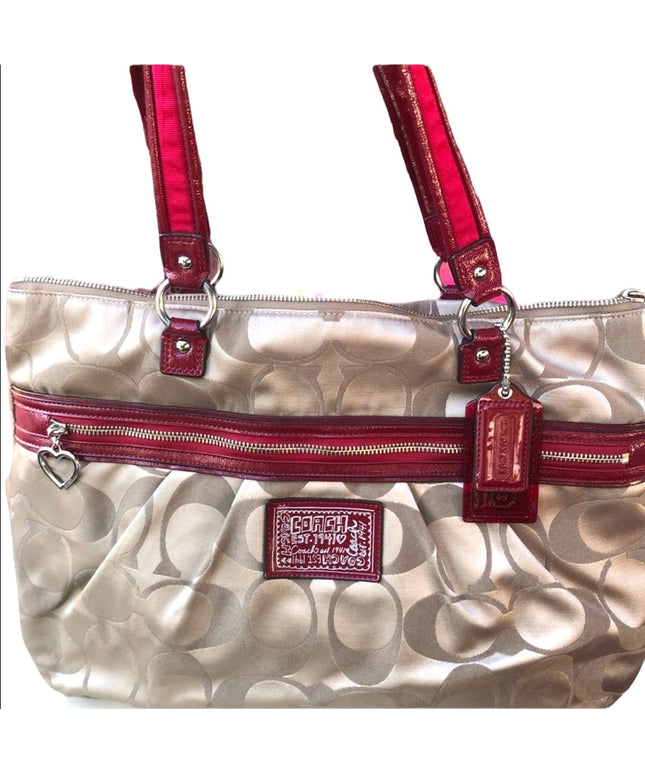 F20026 Coach Large shoulder bag Canvas mongram shoulder bag purse red