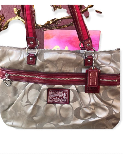 F20026 Coach Large shoulder bag Canvas mongram shoulder bag purse red