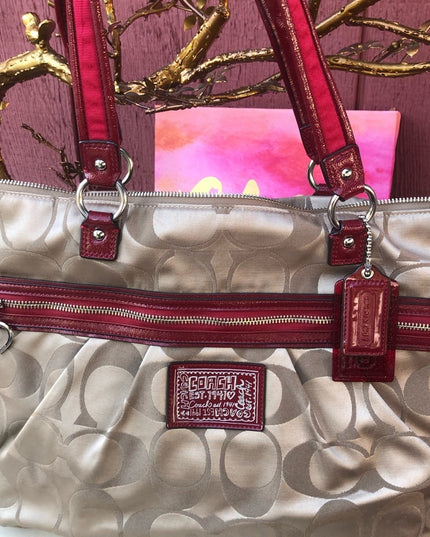 F20026 Coach Large shoulder bag Canvas mongram shoulder bag purse red