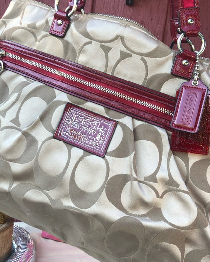 F20026 Coach Large shoulder bag Canvas mongram shoulder bag purse red