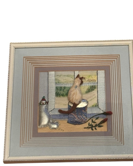 Framed Cat Embroidery Art  Vintage 3d Shadoe frame quilted Kitty Art