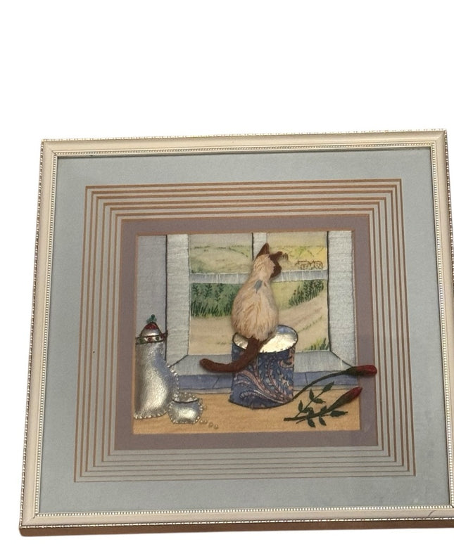 Framed Cat Embroidery Art  Vintage 3d Shadoe frame quilted Kitty Art