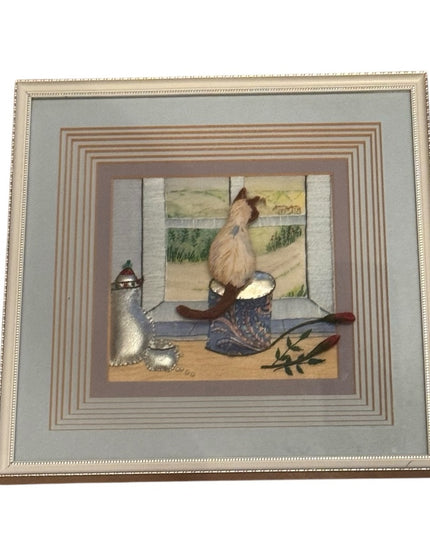 Framed Cat Embroidery Art  Vintage 3d Shadoe frame quilted Kitty Art