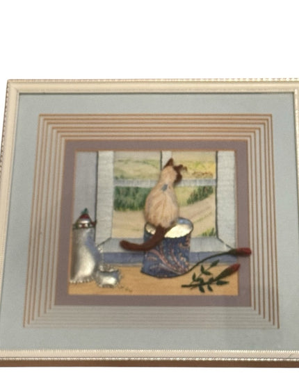Framed Cat Embroidery Art  Vintage 3d Shadoe frame quilted Kitty Art