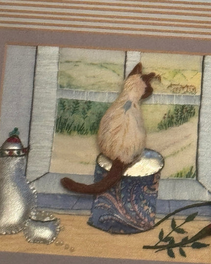 Framed Cat Embroidery Art  Vintage 3d Shadoe frame quilted Kitty Art