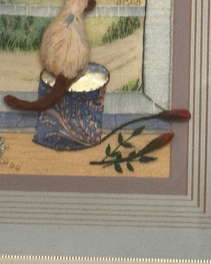 Framed Cat Embroidery Art  Vintage 3d Shadoe frame quilted Kitty Art