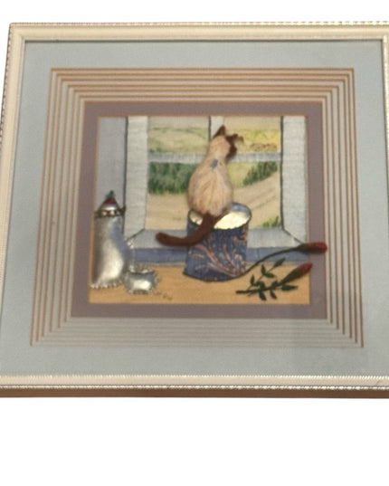 Framed Cat Embroidery Art  Vintage 3d Shadoe frame quilted Kitty Art