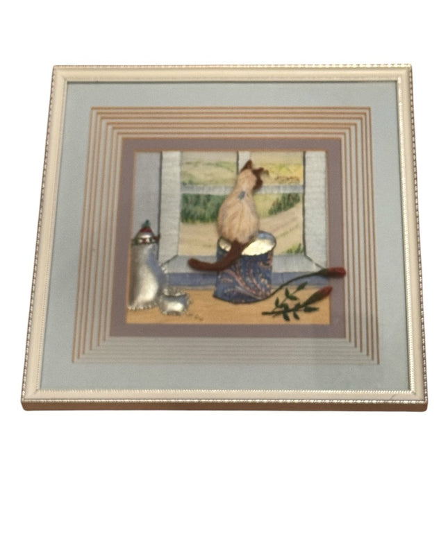 Framed Cat Embroidery Art  Vintage 3d Shadoe frame quilted Kitty Art
