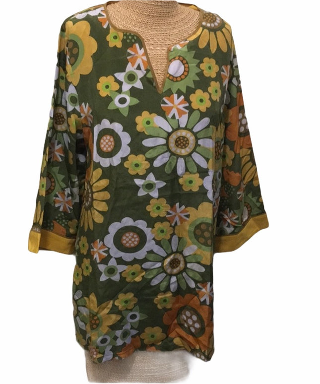 Bob  Mackie NWT Flower silk Mid sleeve blouse New green vintage 1980s