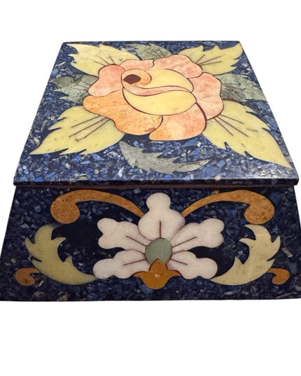 Vintage Lapis Lazuli Gemstone Floral Mosaic Cloissone Brass metal Trinket Box