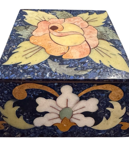 Vintage Lapis Lazuli Gemstone Floral Mosaic Cloissone Brass metal Trinket Box