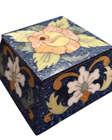Vintage Lapis Lazuli Gemstone Floral Mosaic Cloissone Brass metal Trinket Box