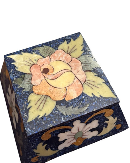 Vintage Lapis Lazuli Gemstone Floral Mosaic Cloissone Brass metal Trinket Box
