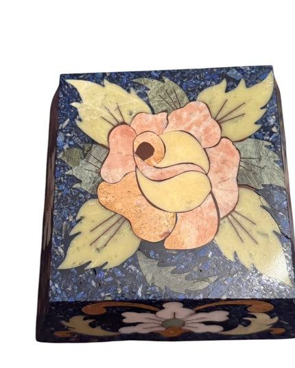 Vintage Lapis Lazuli Gemstone Floral Mosaic Cloissone Brass metal Trinket Box