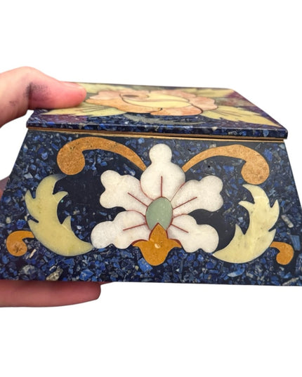 Vintage Lapis Lazuli Gemstone Floral Mosaic Cloissone Brass metal Trinket Box
