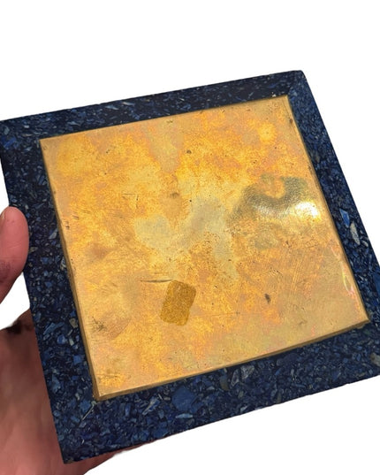 Vintage Lapis Lazuli Gemstone Floral Mosaic Cloissone Brass metal Trinket Box