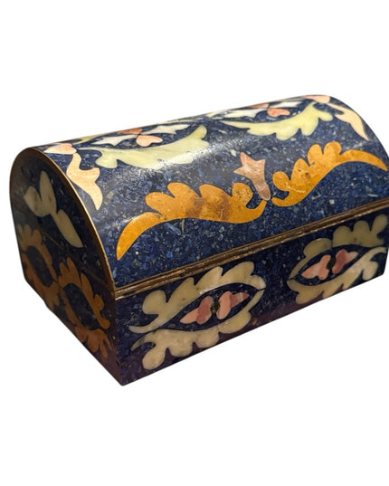 Vintage Lapis Lazuli Gemstone Floral Mosaic Cloissone Brass metal Trinket Box