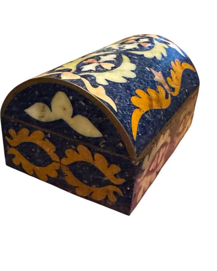 Vintage Lapis Lazuli Gemstone Floral Mosaic Cloissone Brass metal Trinket Box