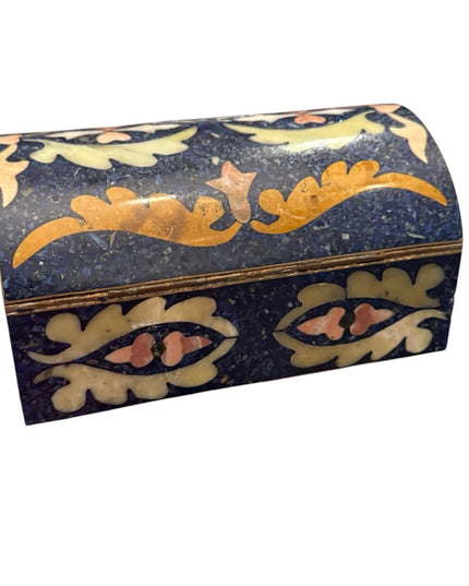 Vintage Lapis Lazuli Gemstone Floral Mosaic Cloissone Brass metal Trinket Box