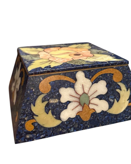 Vintage Lapis Lazuli Gemstone Floral Mosaic Cloissone Brass metal Trinket Box