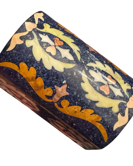 Vintage Lapis Lazuli Gemstone Floral Mosaic Cloissone Brass metal Trinket Box