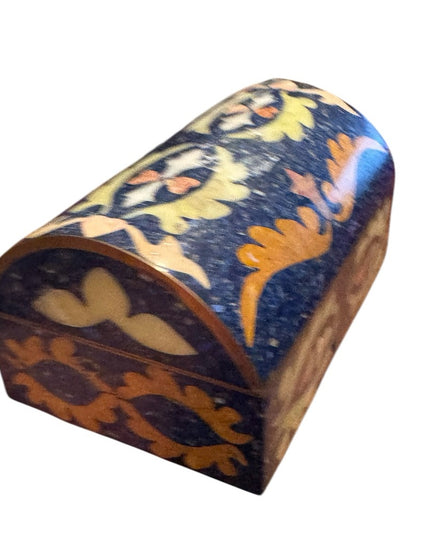 Vintage Lapis Lazuli Gemstone Floral Mosaic Cloissone Brass metal Trinket Box