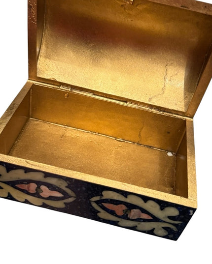 Vintage Lapis Lazuli Gemstone Floral Mosaic Cloissone Brass metal Trinket Box