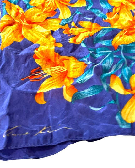 Vintage 1980s Purple orange Hawaiian Flowers floral Silk Anne Klein scarf