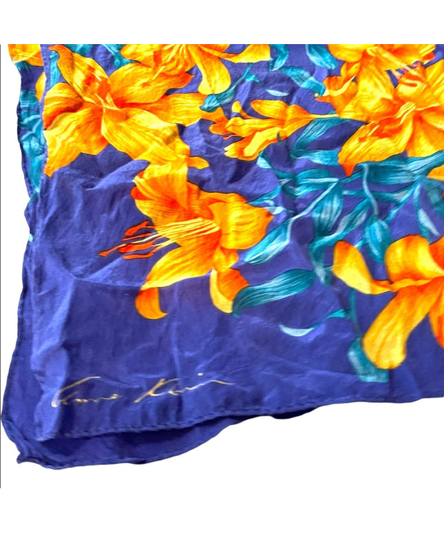 Vintage 1980s Purple orange Hawaiian Flowers floral Silk Anne Klein scarf