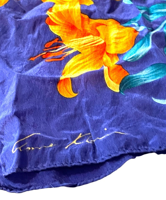 Vintage 1980s Purple orange Hawaiian Flowers floral Silk Anne Klein scarf