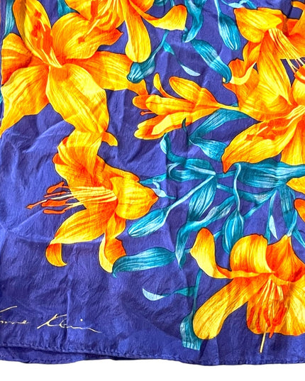 Vintage 1980s Purple orange Hawaiian Flowers floral Silk Anne Klein scarf