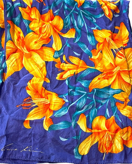 Vintage 1980s Purple orange Hawaiian Flowers floral Silk Anne Klein scarf