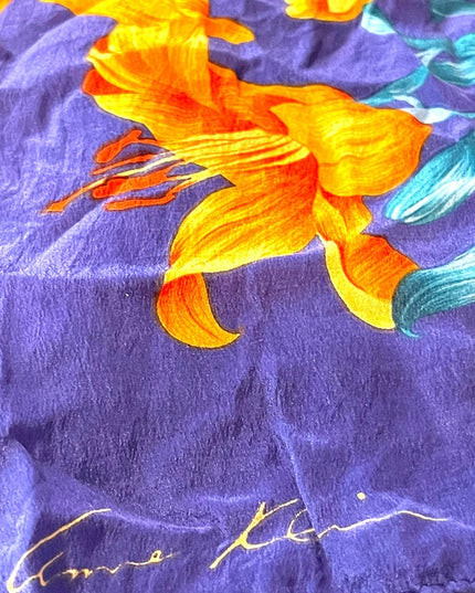 Vintage 1980s Purple orange Hawaiian Flowers floral Silk Anne Klein scarf