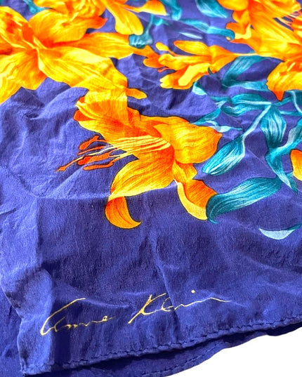 Vintage 1980s Purple orange Hawaiian Flowers floral Silk Anne Klein scarf