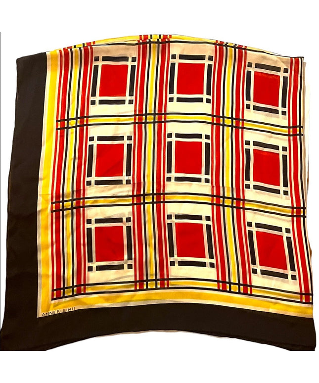 Anne Klein ll Silk Striped scarf yellow black red geometric Squares
