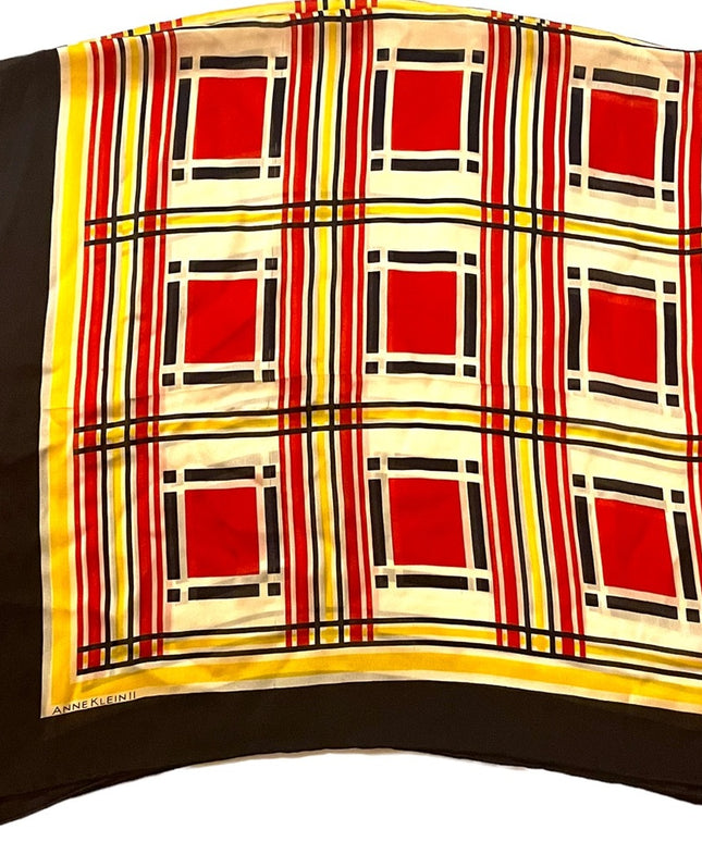 Anne Klein ll Silk Striped scarf yellow black red geometric Squares
