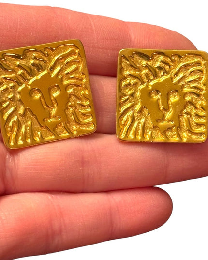 Vintage 1980s Ann Klein Gold finish ornate LION chunky square earrings