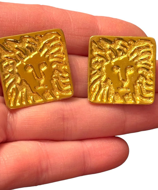 Vintage 1980s Ann Klein Gold finish ornate LION chunky square earrings