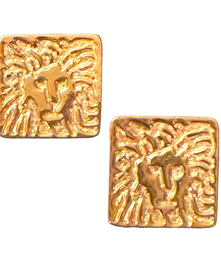 Vintage 1980s Ann Klein Gold finish ornate LION chunky square earrings