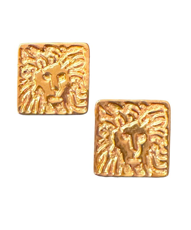 Vintage 1980s Ann Klein Gold finish ornate LION chunky square earrings