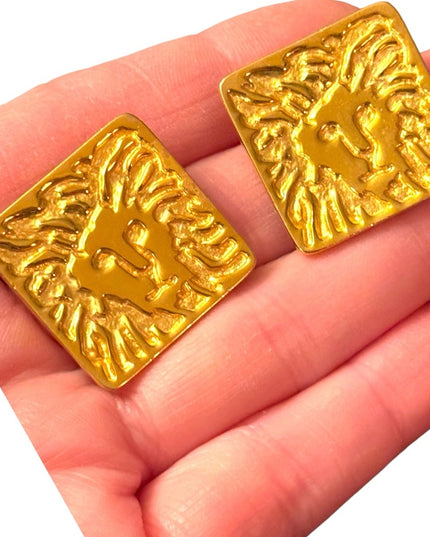 Vintage 1980s Ann Klein Gold finish ornate LION chunky square earrings