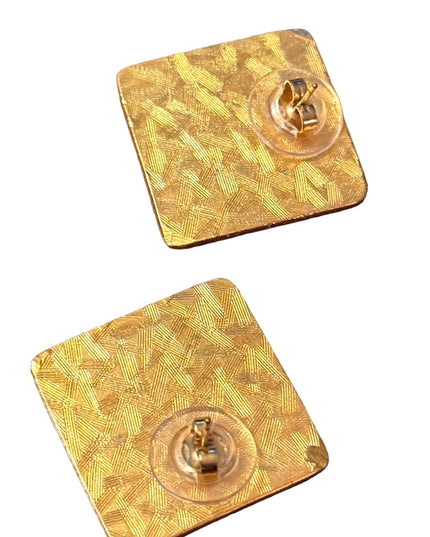 Vintage 1980s Ann Klein Gold finish ornate LION chunky square earrings