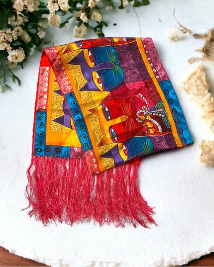 Vintage 1990s Laurel Burch Cat kitty silk fancy fringe scarf