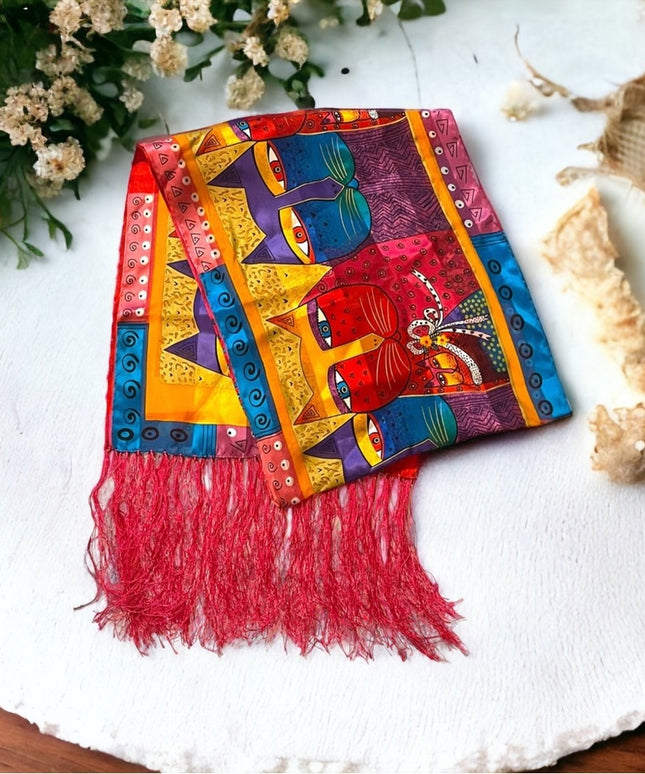 Vintage 1990s Laurel Burch Cat kitty silk fancy fringe scarf