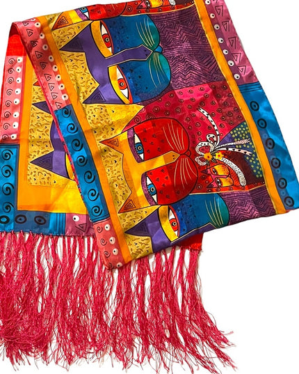 Vintage 1990s Laurel Burch Cat kitty silk fancy fringe scarf
