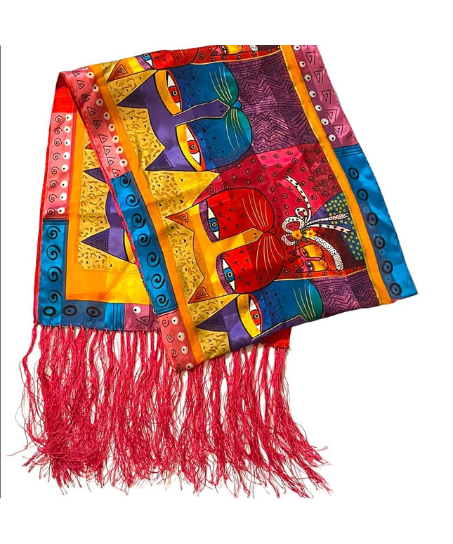 Vintage 1990s Laurel Burch Cat kitty silk fancy fringe scarf